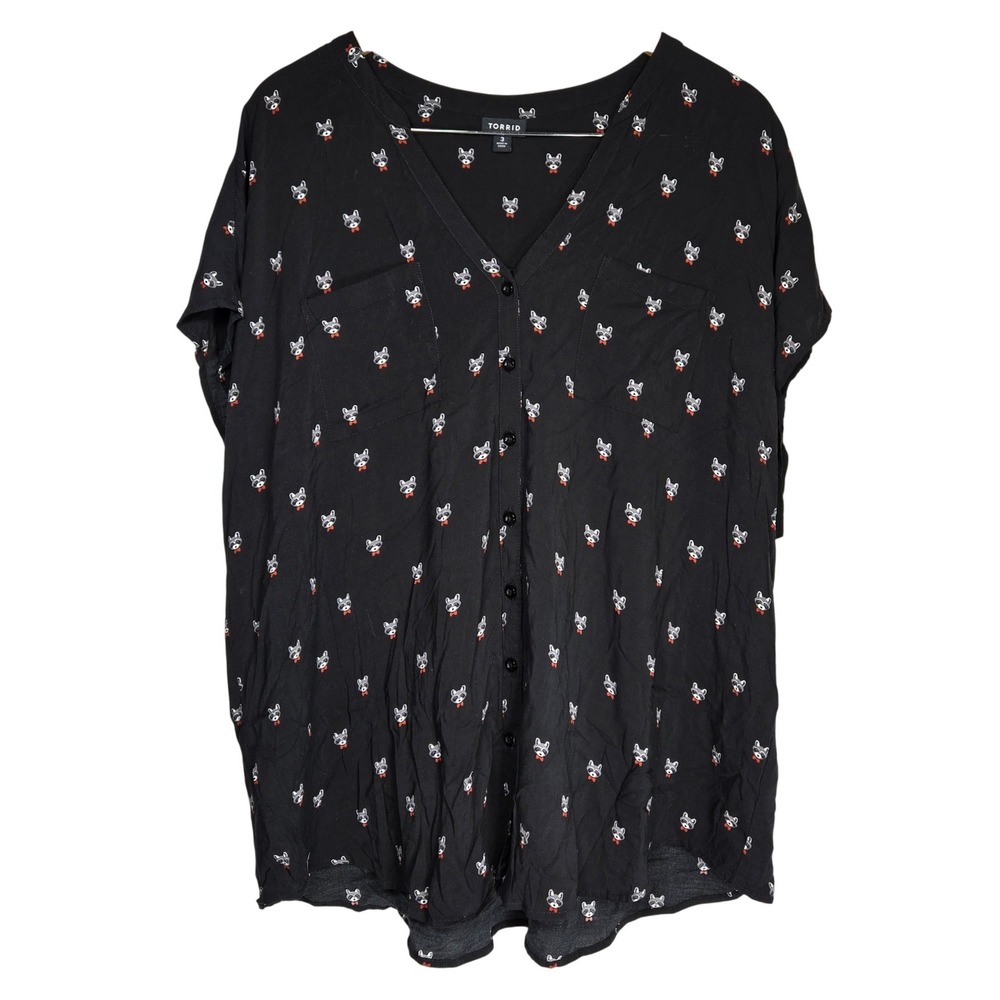 Torrid Womens Plus 3 Black Raccoon Print Button Down Short Sleeve Blouse Top